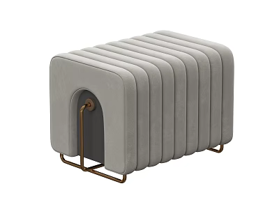 Modern Gray Upholstered Stool with Striped Design and Brass Metal Legs 3d model