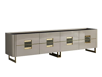 Modern Silver TV Stand With Gold Accent Cabinet Doors And Black Metal Legs 3d model