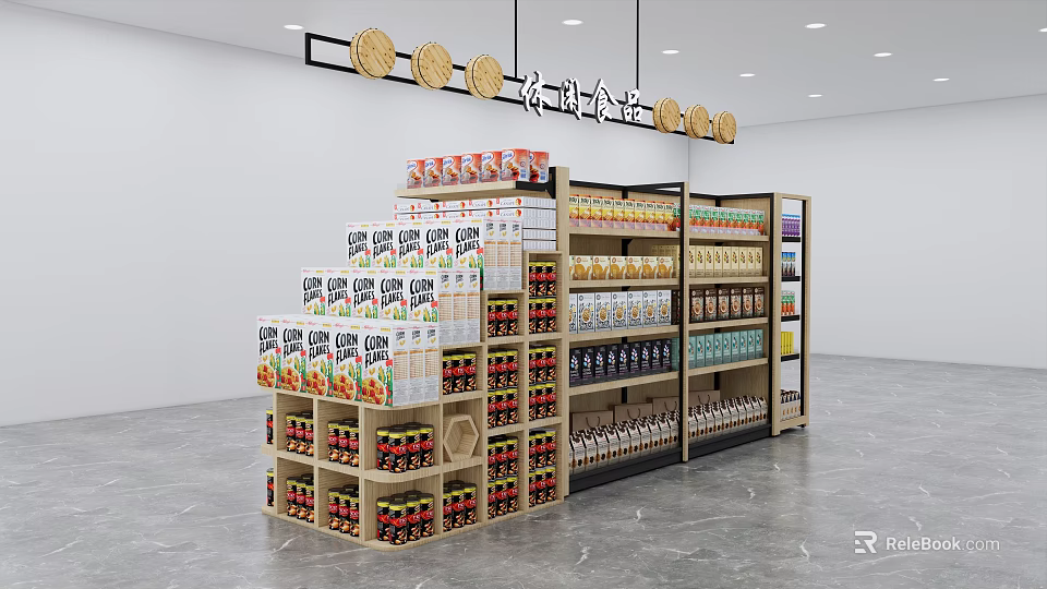 Retail Display Shelves with Assorted Traditional Food Packages Bottles and Hanging Decorations 3d model 