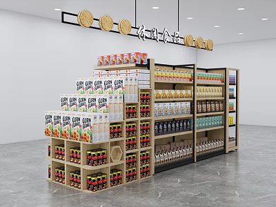 Retail Display Shelves with Assorted Traditional Food Packages Bottles and Hanging Decorations 3d model