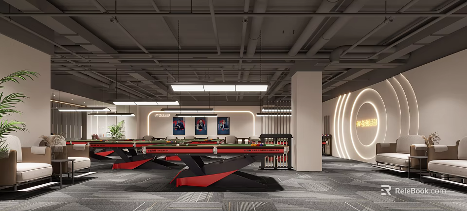Modern Entertainment Space With Black Red Pool Tables Wall Posters Illuminated Sign And Gray Carpet 3d model 