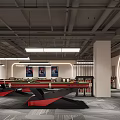 Modern Entertainment Space With Black Red Pool Tables Wall Posters Illuminated Sign And Gray Carpet