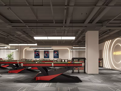 Modern Entertainment Space With Black Red Pool Tables Wall Posters Illuminated Sign And Gray Carpet 3d model