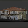 Traditional Residential Building Model With Orange Roof And Wooden Balcony