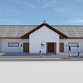 Traditional Building with White Walls Gray Roof Wooden Accents People and Green Plants