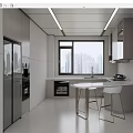 Modern Kitchen With Light Gray Cabinets Large Window City View White Dining Table And Chairs