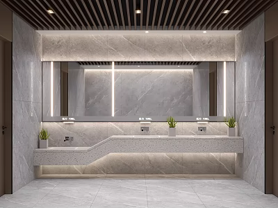 Public Restroom Modern Design with Marble Walls Large Mirror Washbasin Counter and Potted Plants 3d model