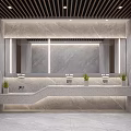 Public Restroom Modern Design with Marble Walls Large Mirror Washbasin Counter and Potted Plants