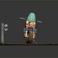 Vibrant Motorcycle with Red Seat Blue Parts on Dirt Path Near Guardrail and Small Plants