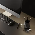 Modern Desk With Open Bookshelf Computer Monitor Gray Chair And Decorations