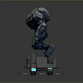 Mechanical Biomechanical Character With Intricate Metallic Armor Standing On Platform Featuring Blue Lights