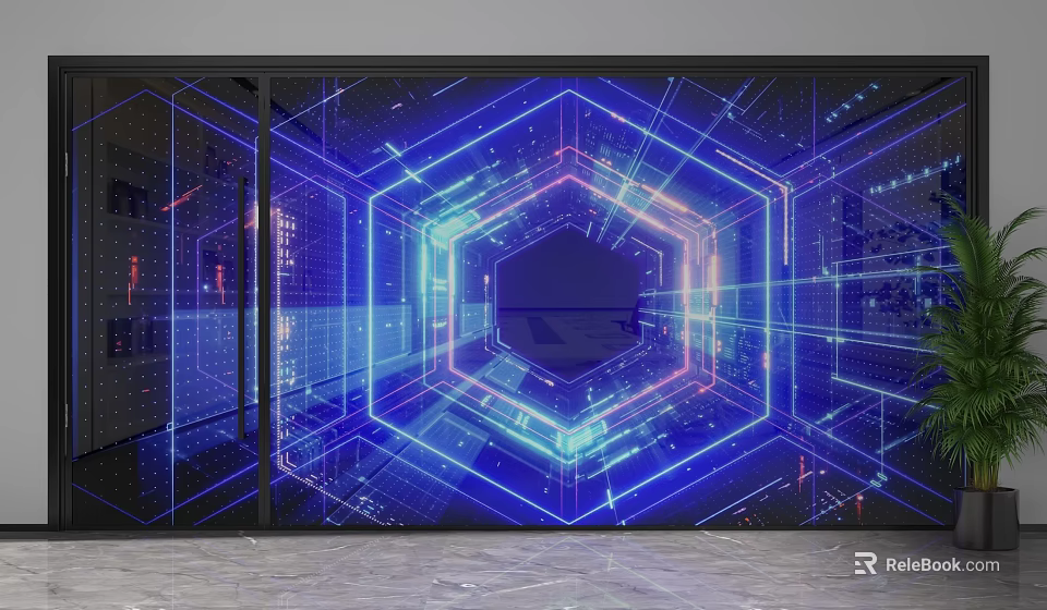 Modern Glass Partition Interior Design With Blue Hexagon Light And Digital Patterns 3d model 