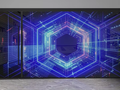 Modern Glass Partition Interior Design With Blue Hexagon Light And Digital Patterns 3d model