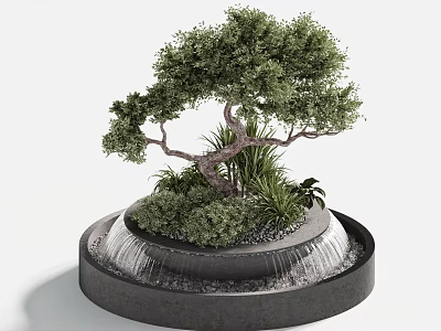Bonsai Tree With Curved Trunk Lush Green Foliage And Round Waterfall Base 3d model