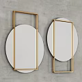 Elegant Round Mirror With Golden Frame On White Marble Tabletop And Red Branches In Vase