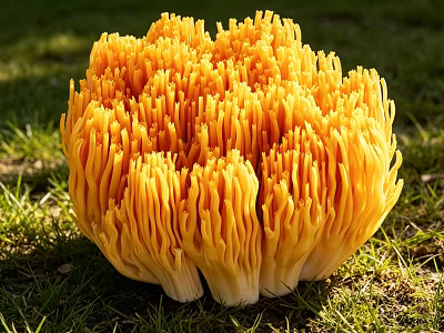 Fresh Yellow Coral Shaped Vegetable Mushroom Growing Outdoor On Green Grass 3d model