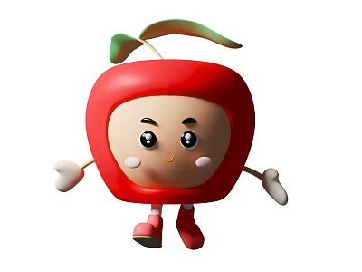 Cute Anthropomorphic Red Apple Cartoon Character With Leaf And Smiling Face Arms Legs Red Shoes 3d model