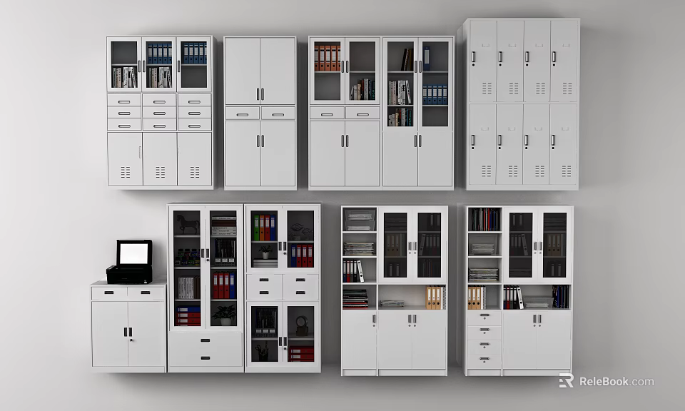 Modern White Bookcases With Glass Doors Drawers And Storage For Books Files 3d model 