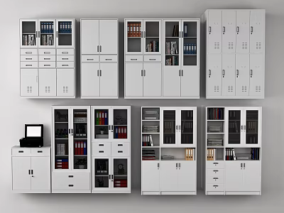 Modern White Bookcases With Glass Doors Drawers And Storage For Books Files 3d model