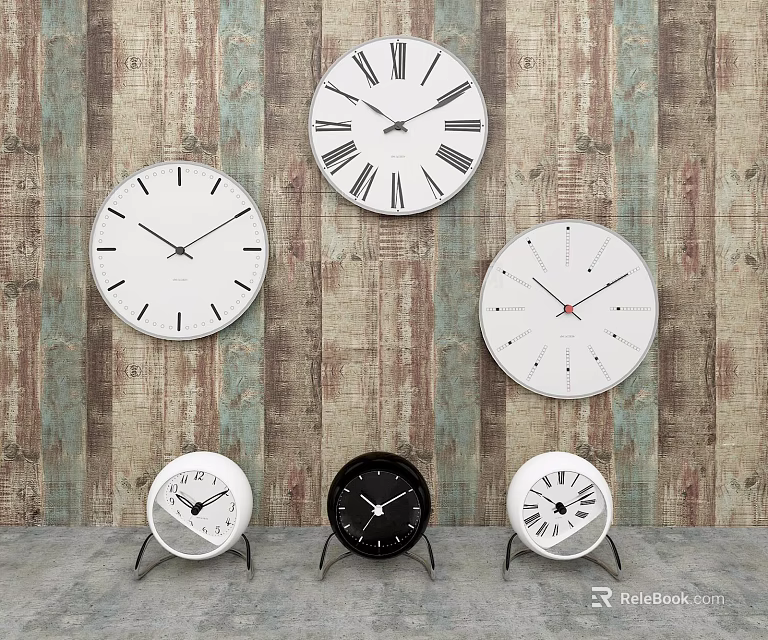 Clocks With Various Designs Hanging On Wooden Wall And Placed On Stands 3d model 