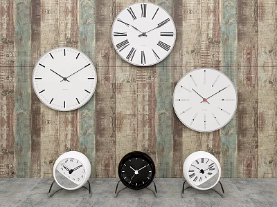 Clocks With Various Designs Hanging On Wooden Wall And Placed On Stands 3d model