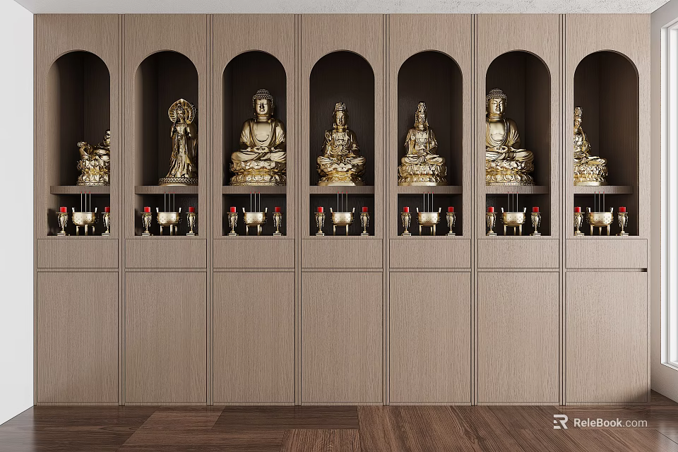 Wooden Buddhist Shrine Cabinet With Arched Niches And Golden Buddha Statues 3d model 