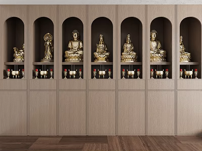 Wooden Buddhist Shrine Cabinet With Arched Niches And Golden Buddha Statues 3d model