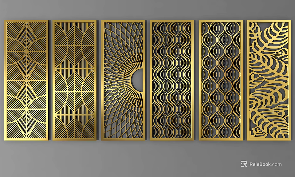 Modern Partition Designs With Golden Frames And Intricate Cutout Patterns 3d model