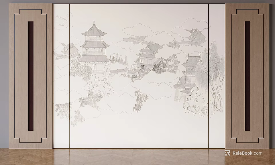 Traditional Chinese Background Wall with Landscape Painting Ancient Pavilions Gray Lines and Dark Borders 3d model 