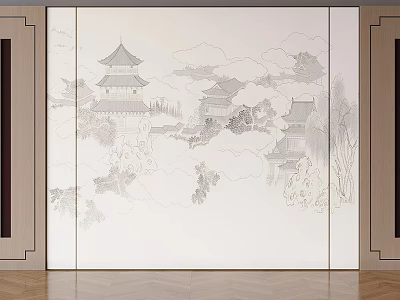 Traditional Chinese Background Wall with Landscape Painting Ancient Pavilions Gray Lines and Dark Borders 3d model