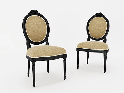 Two Classic Dining Chairs With Black Frame And Oval Beige Upholstered Backrest 3d model