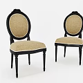 Two Classic Dining Chairs With Black Frame And Oval Beige Upholstered Backrest