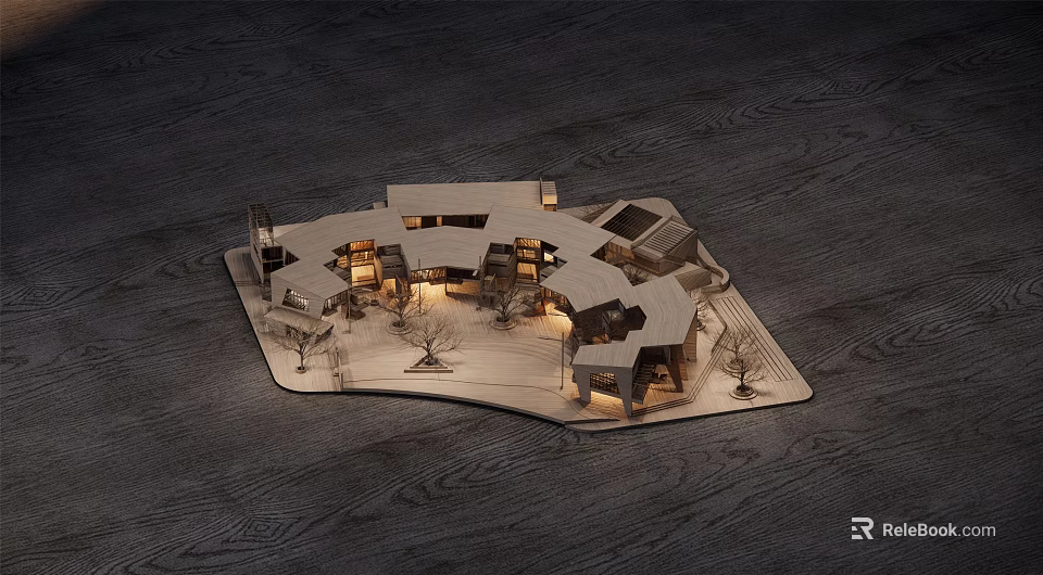 Modern Architectural Model With Illuminated Structures Wooden Base And Surrounding Trees 3d model