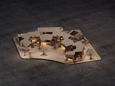 Modern Architectural Model With Illuminated Structures Wooden Base And Surrounding Trees 3d model