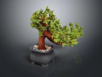 Bonsai Plant With Green Leaves And Brown Trunk In Gray Pot With Small Stones 3d model