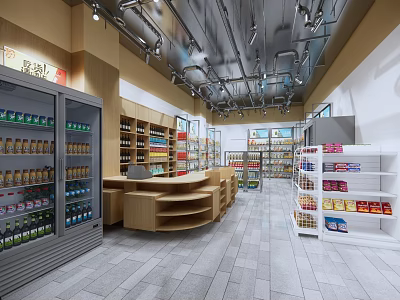 Bright Modern Supermarket Interior Design With Shelves Refrigerators Checkout Counter And Products 3d model