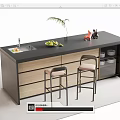 Modern Kitchen Bar Counter With Black Top Sink Fruit Bowl And Two Bar Stools