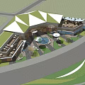 Modern Architecture Open Plaza With Colorful Exterior Walls Circular Canopies Stairs Fountain Trees And Pedestrians