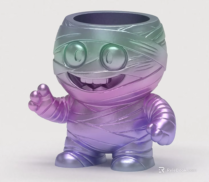 Cartoon Mummy Sculpture Featuring Bandage Wrapped Gradient Purple Green Big Eyes Smiling Mouth Raised Hand 3d model 
