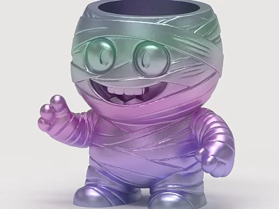 Cartoon Mummy Sculpture Featuring Bandage Wrapped Gradient Purple Green Big Eyes Smiling Mouth Raised Hand 3d model