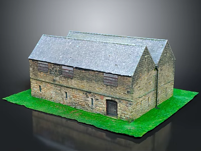 Detailed Old Style Stone Barn Model With Gray Roof And Green Base 3d model