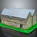 Detailed Old Style Stone Barn Model With Gray Roof And Green Base