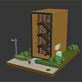 Miniature Scene With Orange Multi Story Building Staircase Green Trees Street Lamp And Small Figure