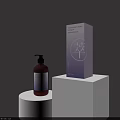 Decorative Ornament Set With Brown Pump Bottle And Purple Box On White Display Stand