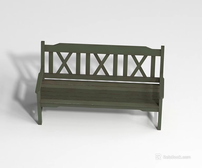 Green Wooden Outdoor Bench With Cross Back Design For Garden Seating 3d model 