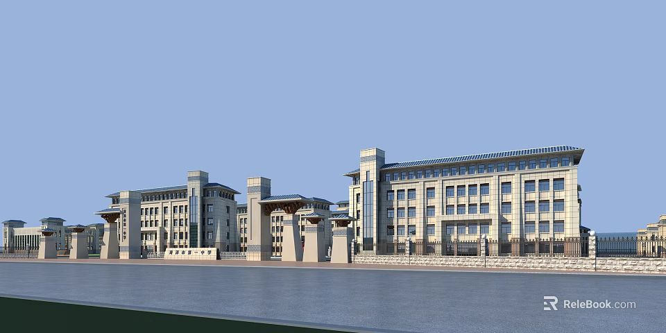 Modern School Building With Multi Story Structure Multiple Windows And Waterfront View 3d model 