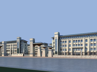 Modern School Building With Multi Story Structure Multiple Windows And Waterfront View 3d model
