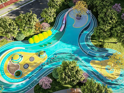 Modern Children's Play Area With Blue Water Channels Yellow Slides Circular Platforms Surrounded By Greenery 3d model