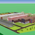 Modern Industrial Park With Various Buildings Different Colored Roofs Green Lawns And Distant Ferris Wheel