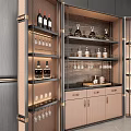 Elegant Modern Wine Cabinet With Glass Doors Layered Shelves Wine Bottles Glasses And Wooden Drawers